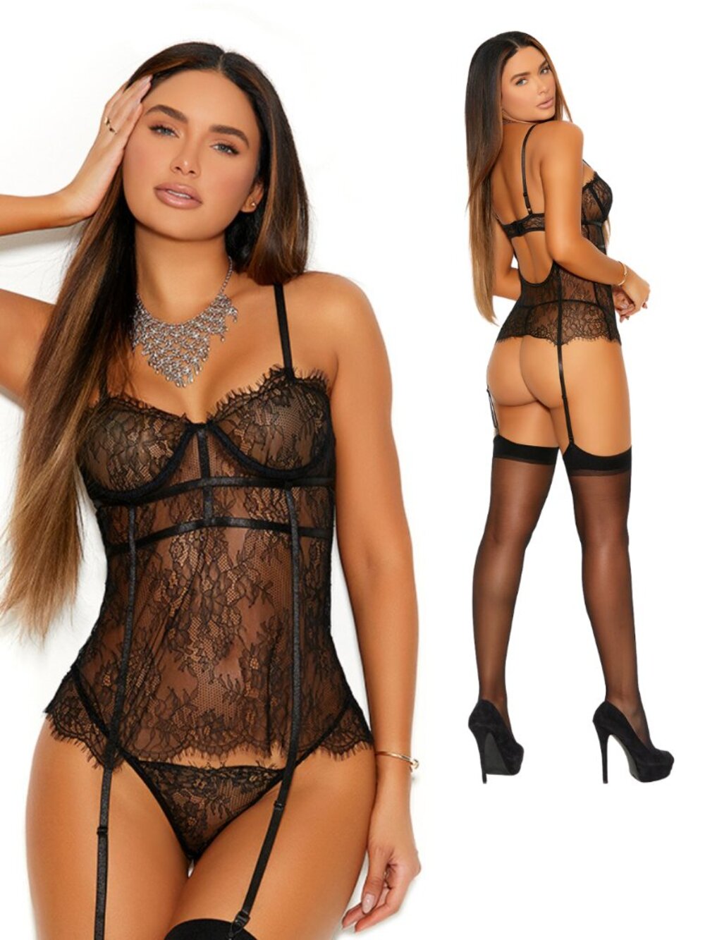 Black Eyelash Lace Bustier Garter G-String Set Large